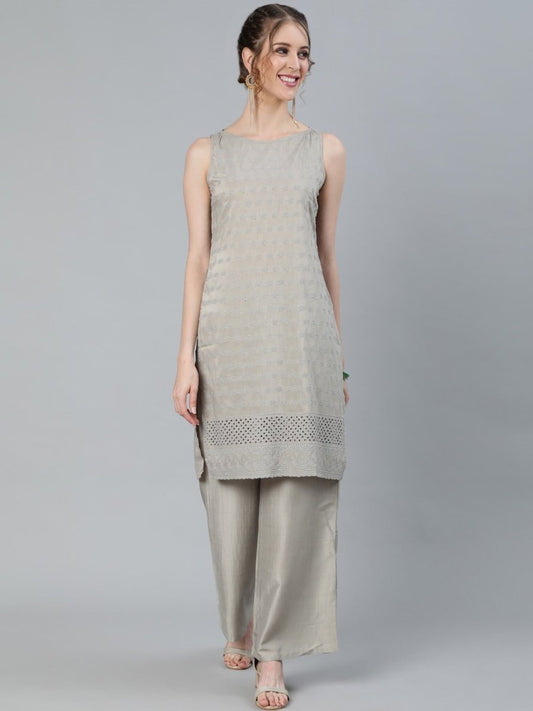 Aks Floral Embroidered Thread Work Sleeveless Kurta With Palazzos