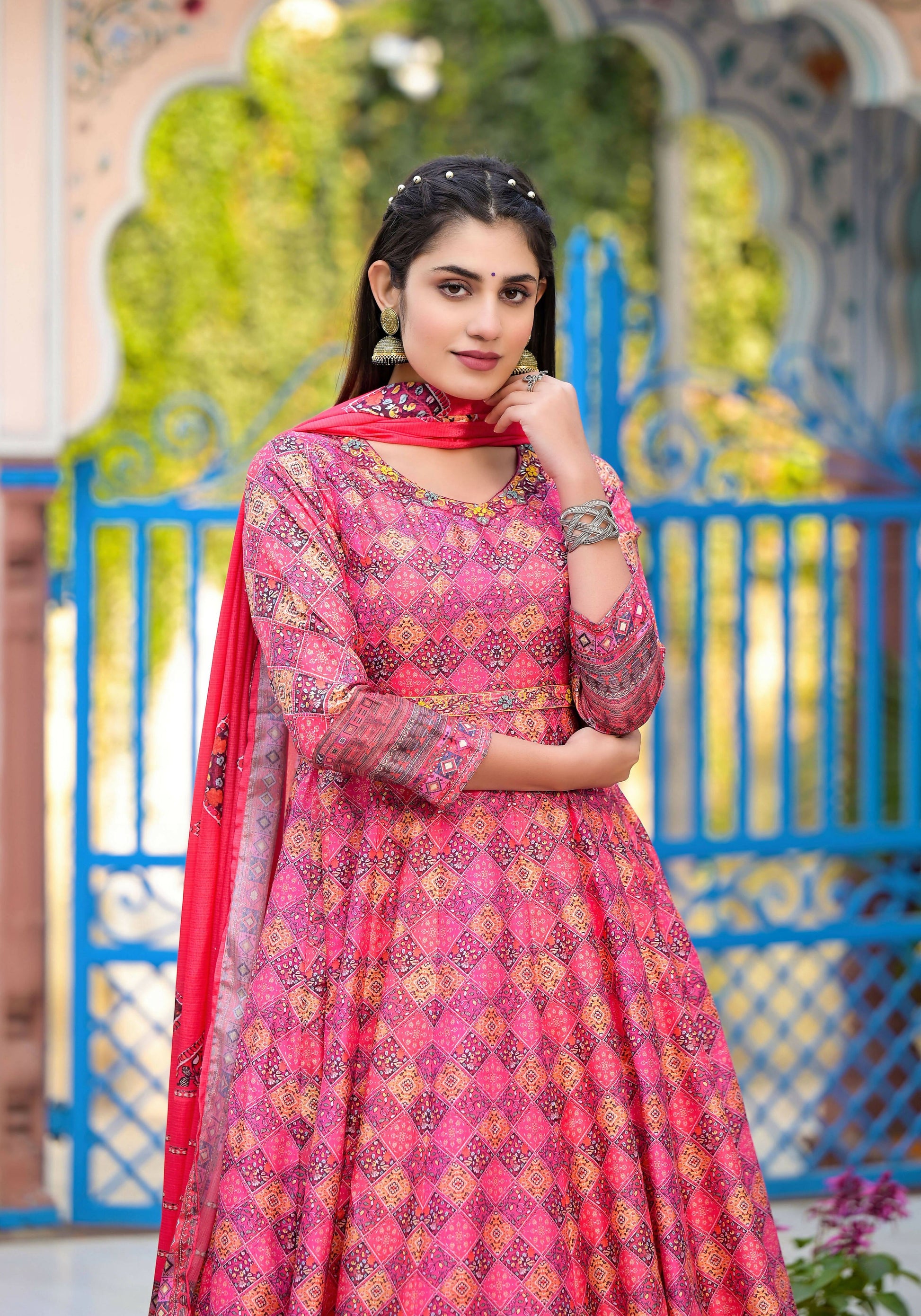 Functional Designer Dark Pink Dola Silk Anarkali suit with Dupatta - Ramya