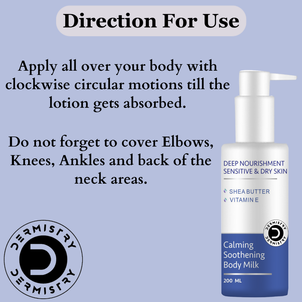 Dermistry Sensitive & Dry Skin Care Calming Soothing Body Milk Lotion Shea Butter & Vitamin E 