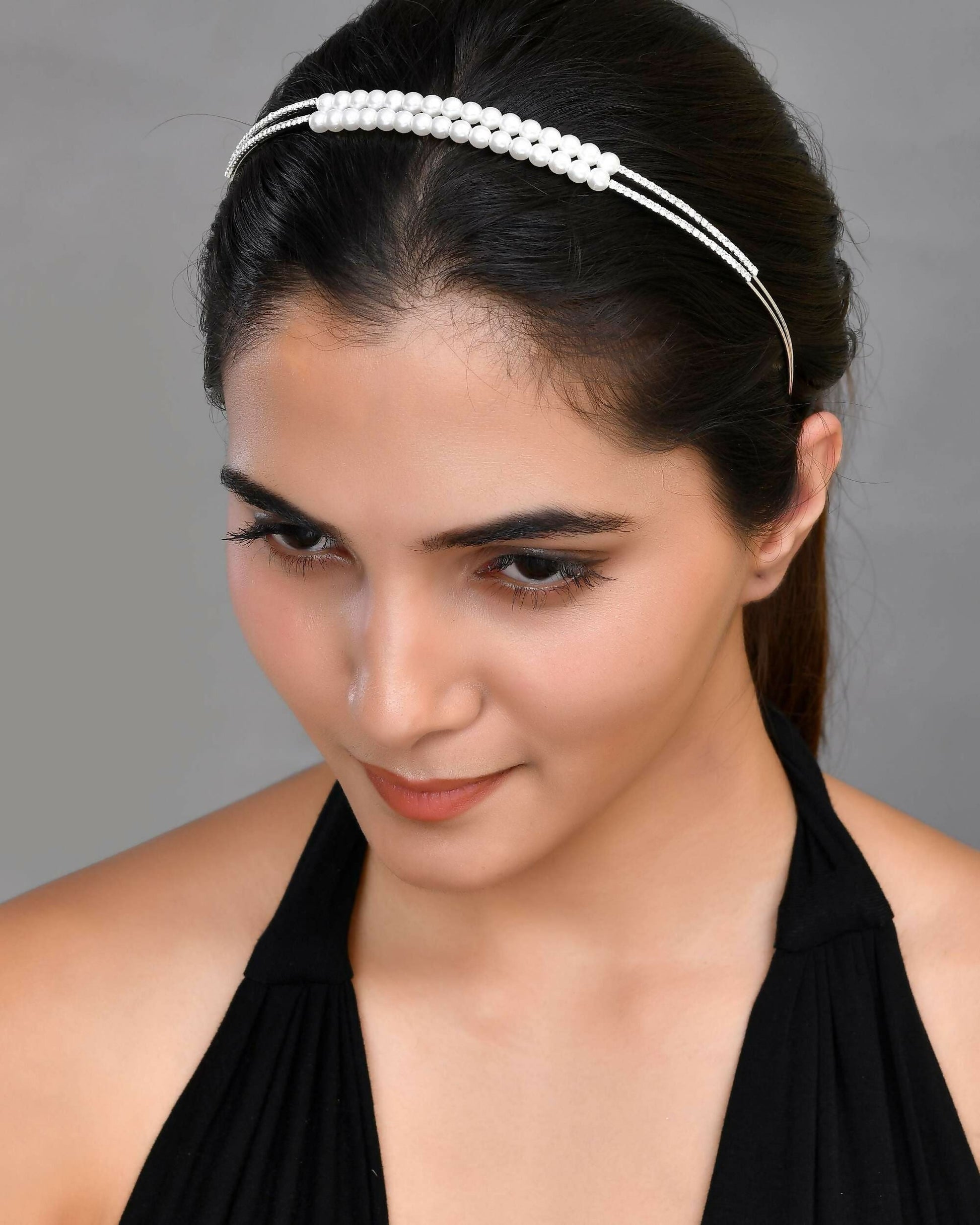 VOJ Silver Plated Pearl Studded Double Layer Hairband 