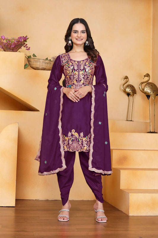 Joban Fashion Wine Silk Embroidered Dhoti Dhoti Set
