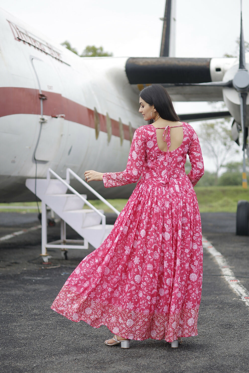 Aayaa Printed Faux Georgette with Embroidery Zari Sequins work Gown - Red Pink