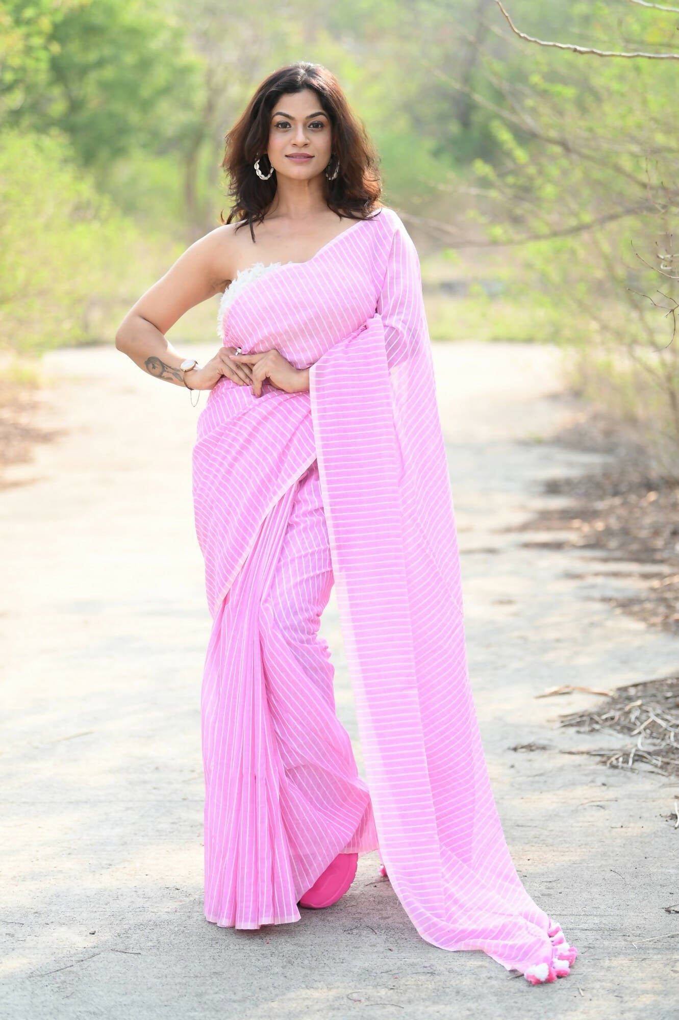 Very Much Indian Designer Pure Cotton Saree With All Over Linear Stripes - Light Pink - Grab2buy