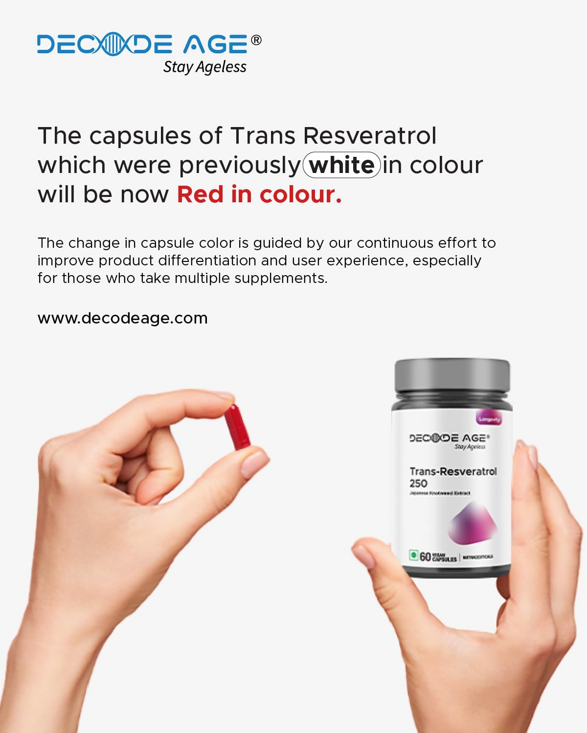 Decode Age 99.5% Pure Trans Resveratrol 250mg Supplement Capsules 
