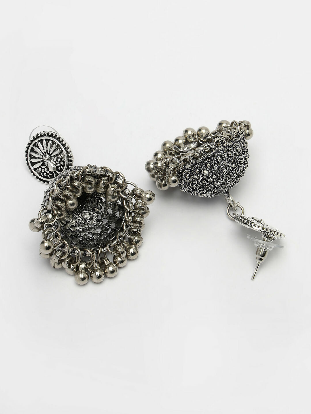 NVR Women's Set of 3 Silver-Toned German Silver Oxidised Dome Shaped Jhumka Earrings 