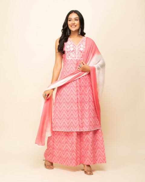 FIORRA Women's Peach Cotton Straight Kurta Palazzo Set With Dupatta 