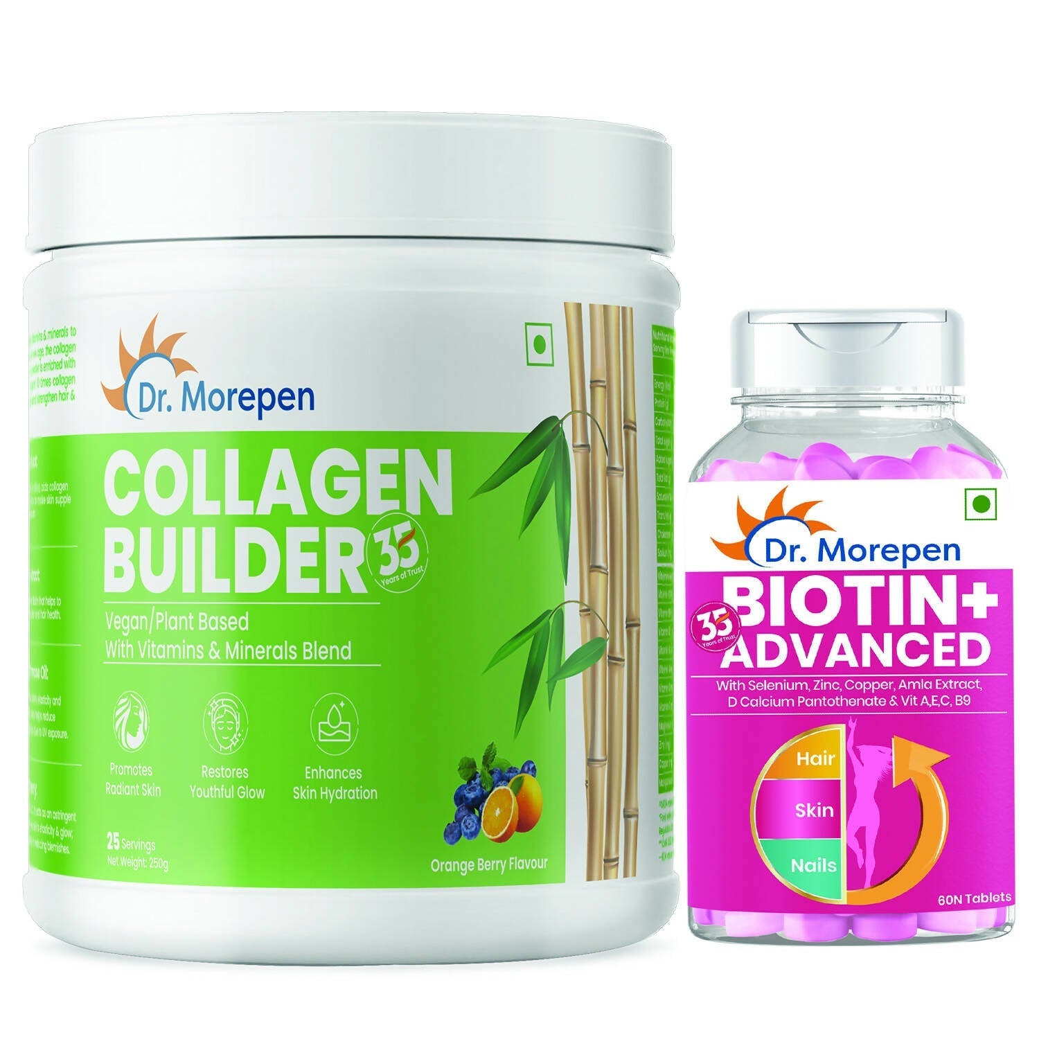 Dr. Morepen Biotin+ Advanced Tablets and Natural Collagen Builder, Orange Berry Flavour Combo 