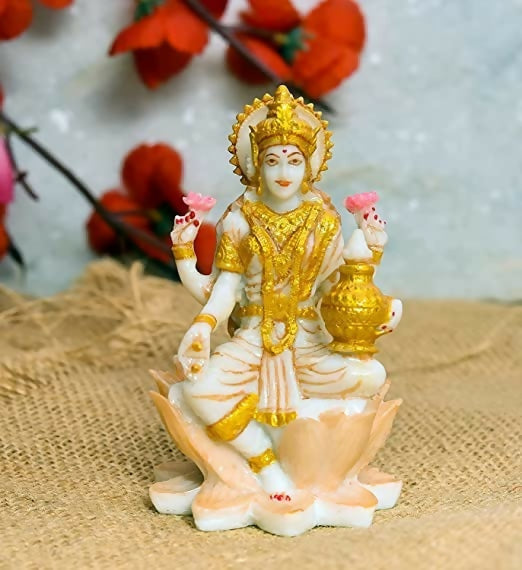 Soni Craft Handmade Poly Resin Lakshmi Ji Sculpture Sitting On Lotus Statue - Grab2buy