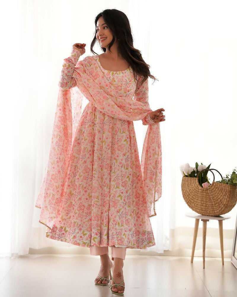 Joban Fashion Peach Kurta Set Organza Sequin Embroidery Work 