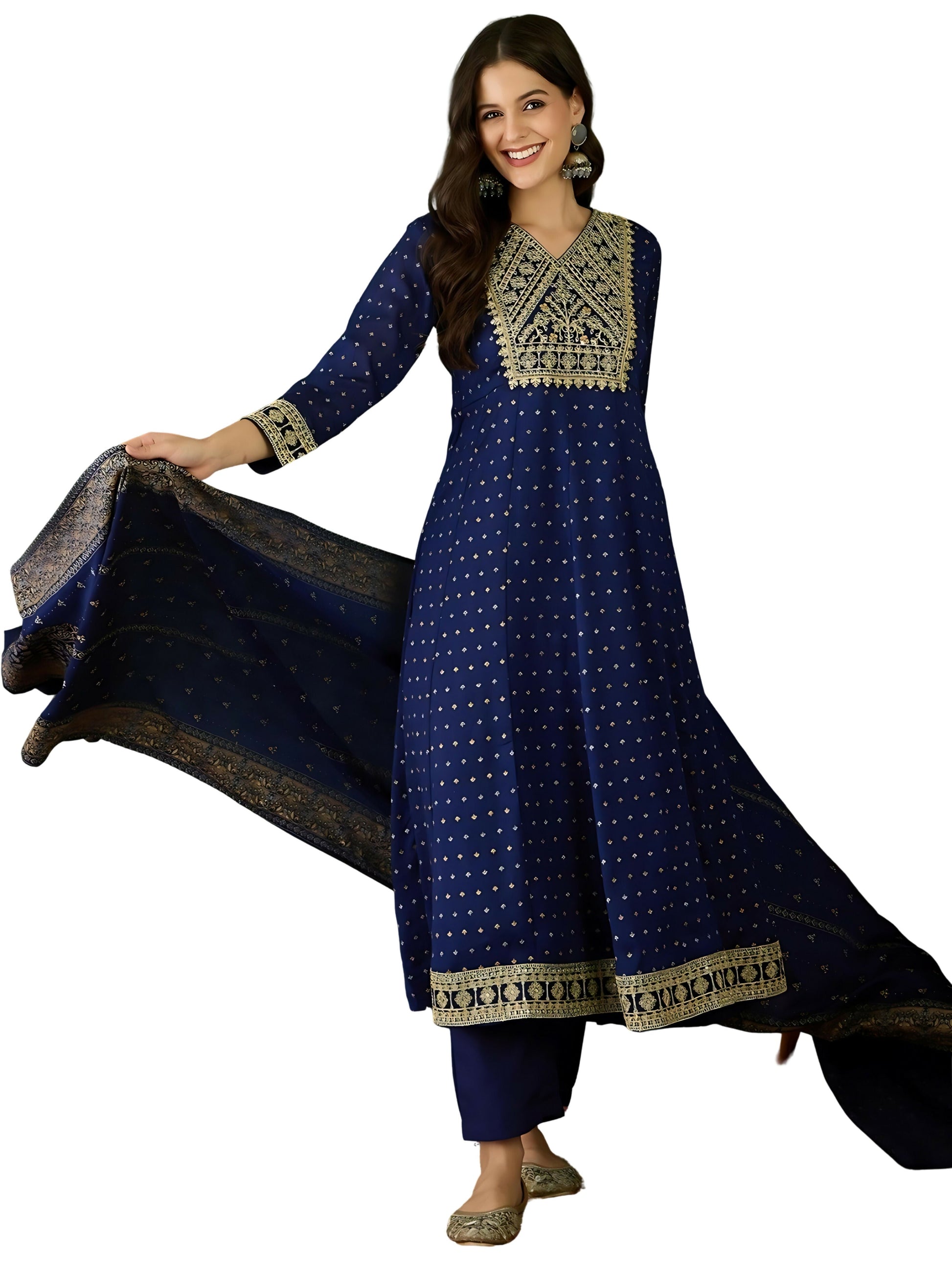 The52 Blue Women's Gorgeous Embroidered Work Vichitra Silk Fabric Flared Kurta Pant and Dupatta Set | Grab2Buy