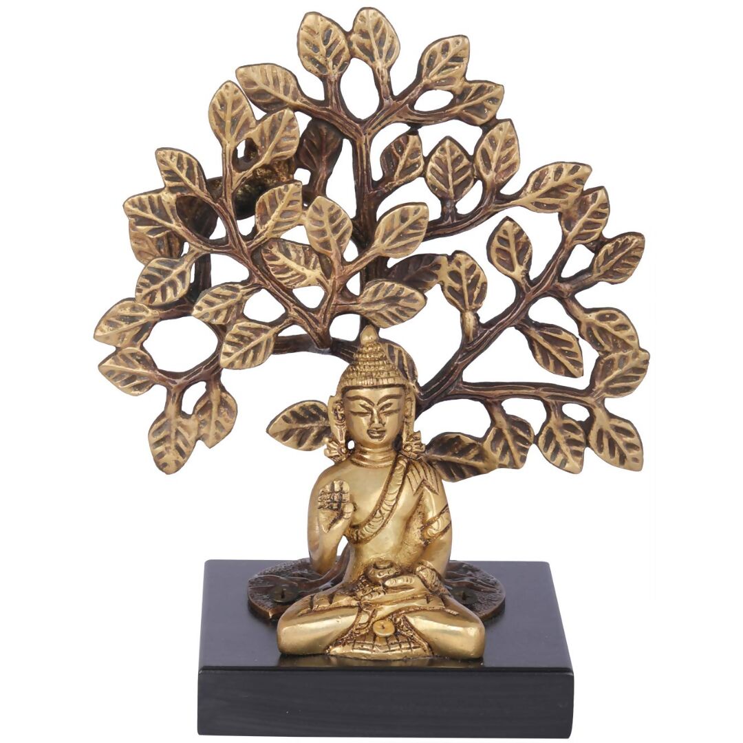 Exotic India Lord Buddha Seated On Wooden Pedestal With Bodhi Tree - Grab2buy