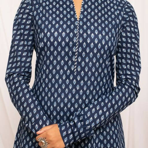 FIORRA Women's Floral Printed Navy Blue Cotton A-Line Kurta 