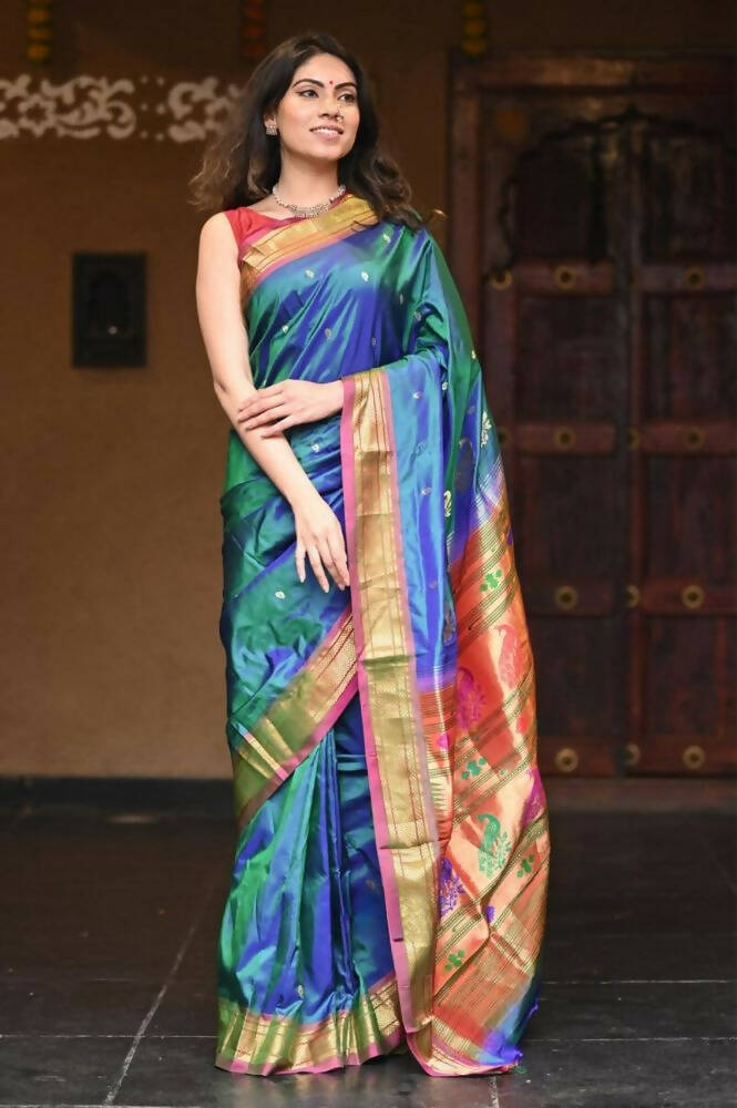 Very Much Indian Authentic Handloom Pure Silk Paithani Dual Tone Bluish Grey Green With Light Purple Border - Grab2buy