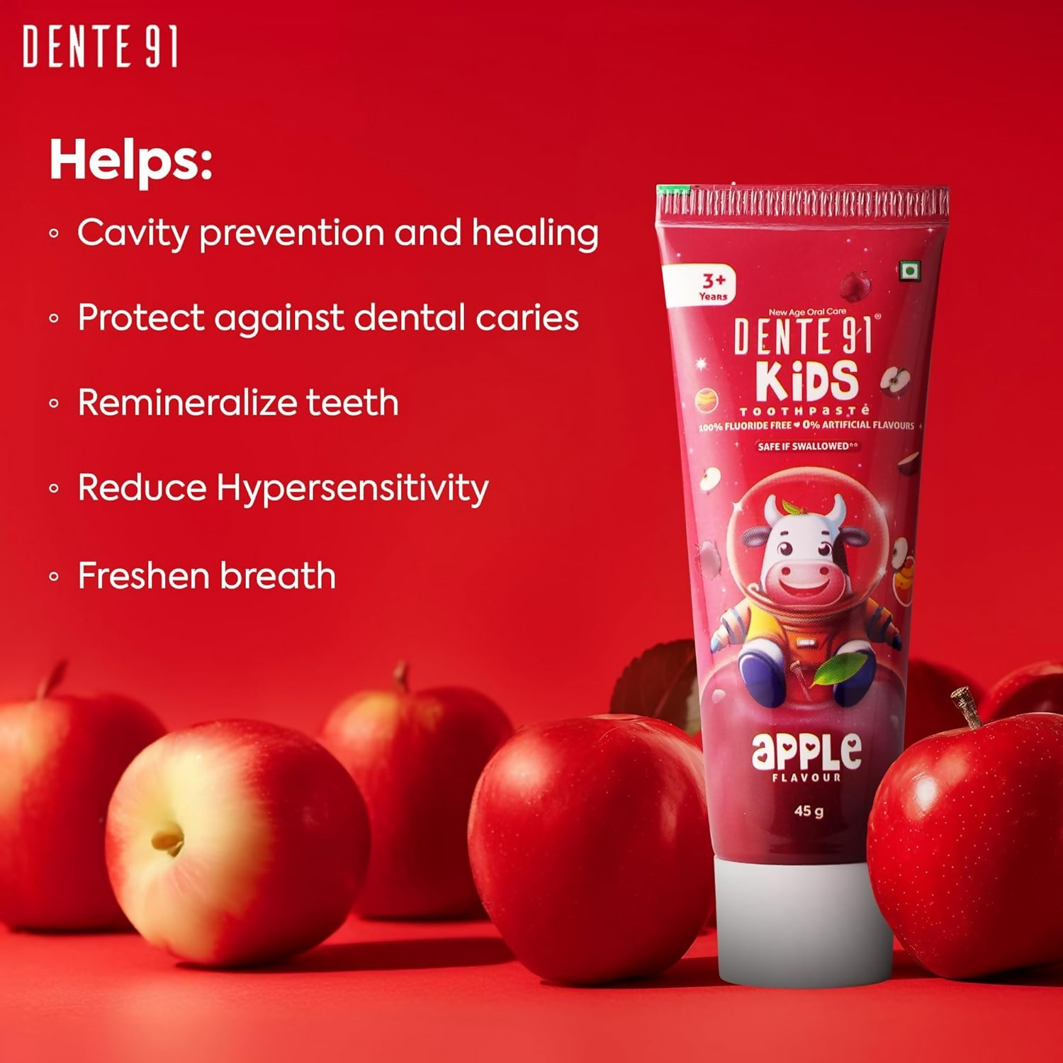 Dente91 Kids Toothpaste Protects Against Dental Caries & Hypersensitivity Fluoride Free Apple Flavour 