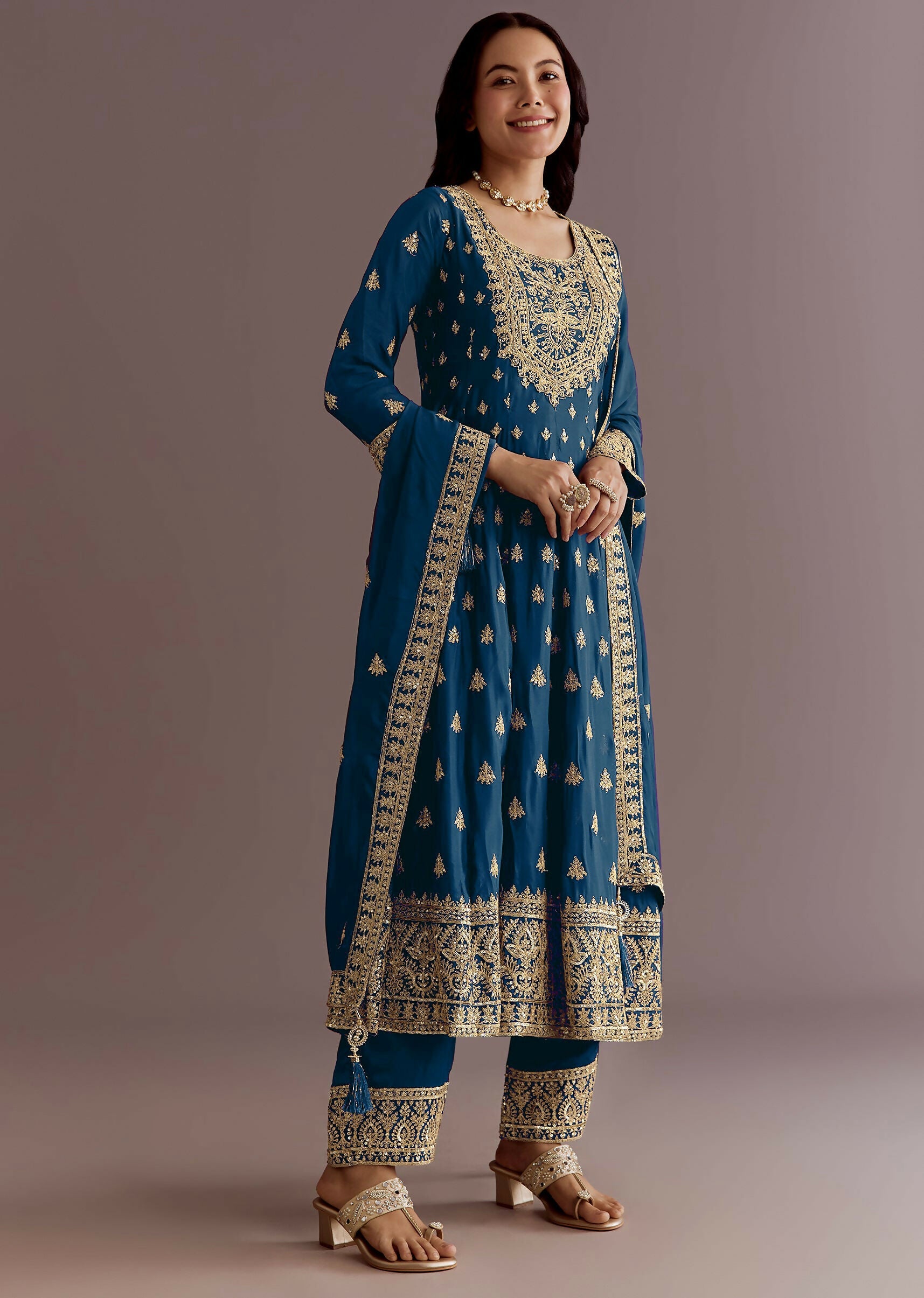 Teeya Creation Morpich Color Chinon Silk Embroidery Work Wedding Wear Gown