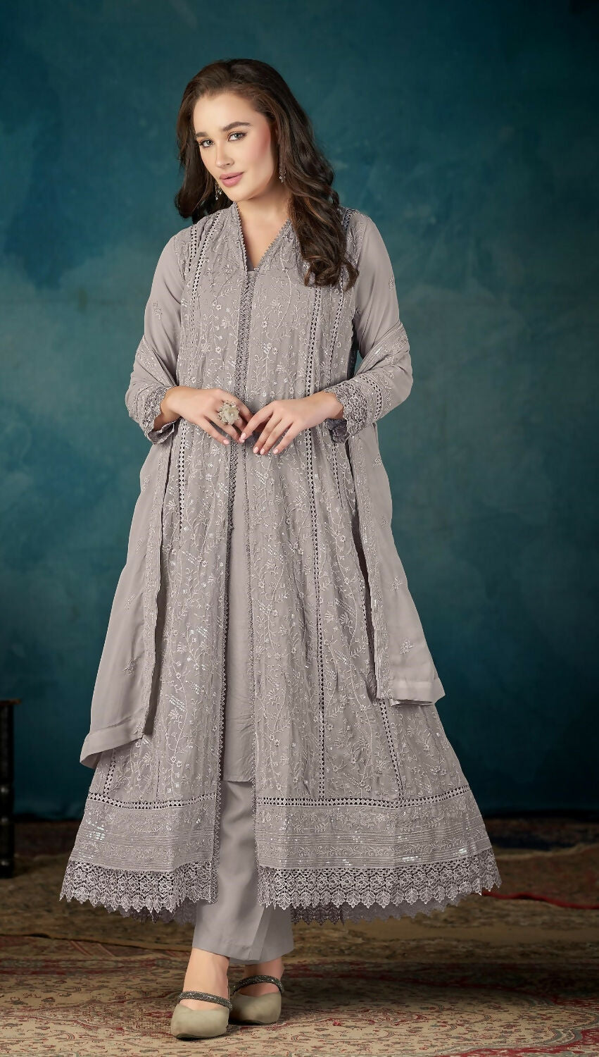 Anaita Grey Heavy Faux Georgette Stitched Suit with Embroidered Sequence Work