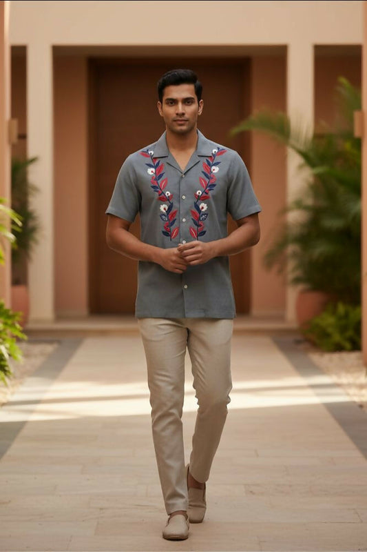 Sunduo — Grey Dual Floral Embroidered Cotton Shirt by Hilo Design