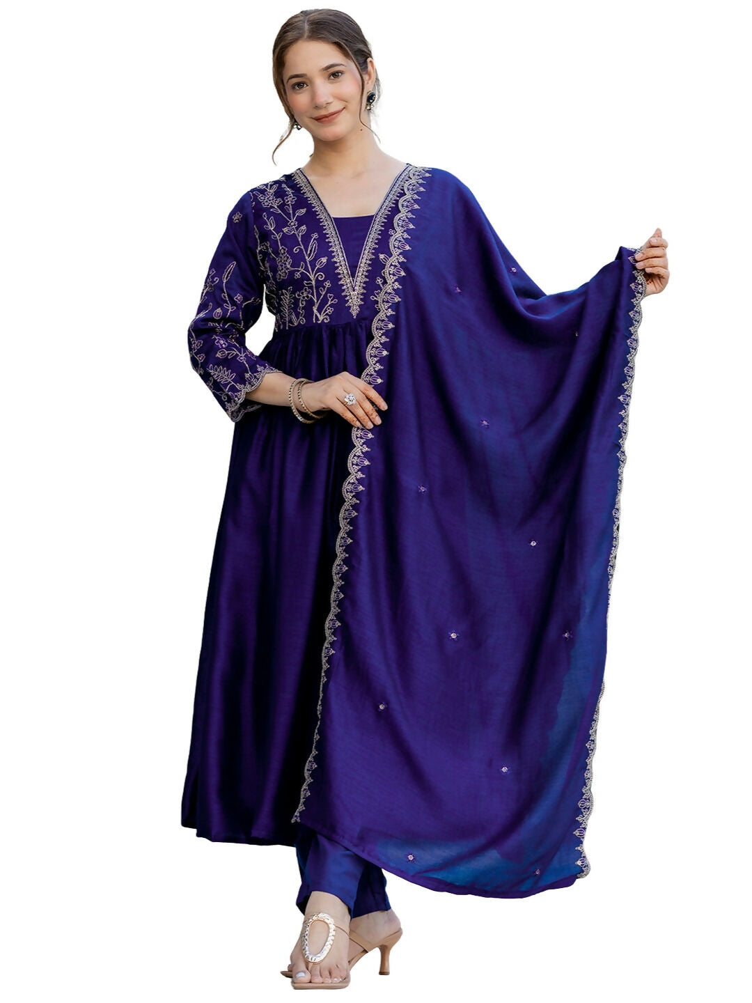 The52 Blue Women's Beautiful Embroidered Vichitra Silk Fabric with Flared Kurta, Pant and Dupatta Set | Grab2Buy