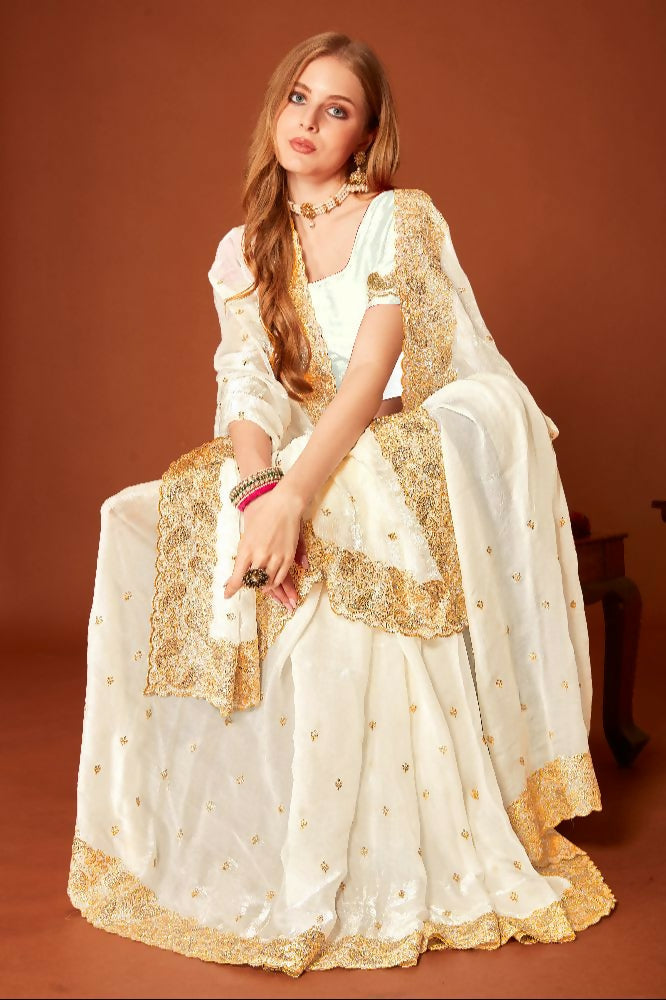 PR Fashion White Fendi Two Tone Silk Heavy Zari Embroidery Work With Heavy Siroski Work Saree