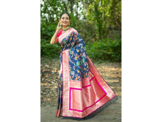 Aastha Fashion Women's Blue Banarasi Silk Meenakari Zari Woven Saree with Blouse - Grab2buy