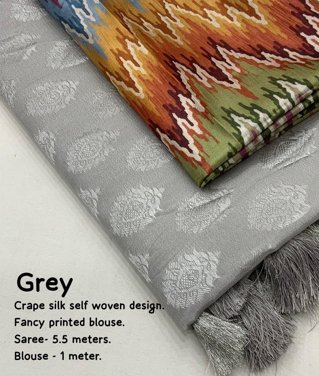 Grey Poly Crepe Ethnic Motifs Saree with Unstitched Blouse - A2M