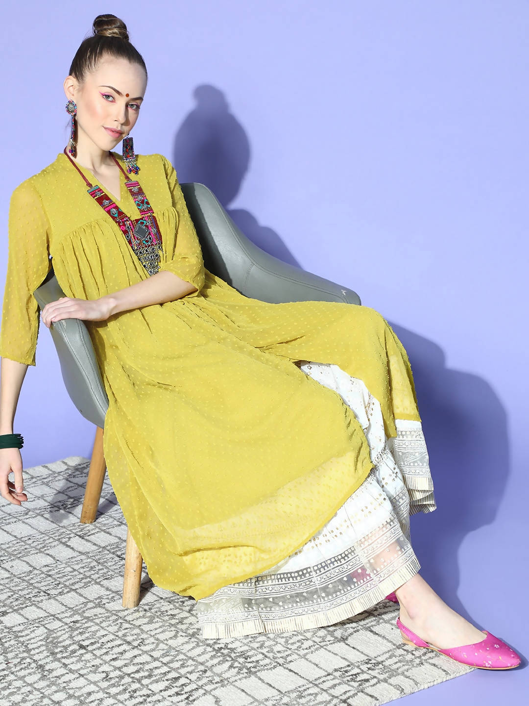 Janasya Women Elegant Mustard Woven Design Dobby Weave Kurta