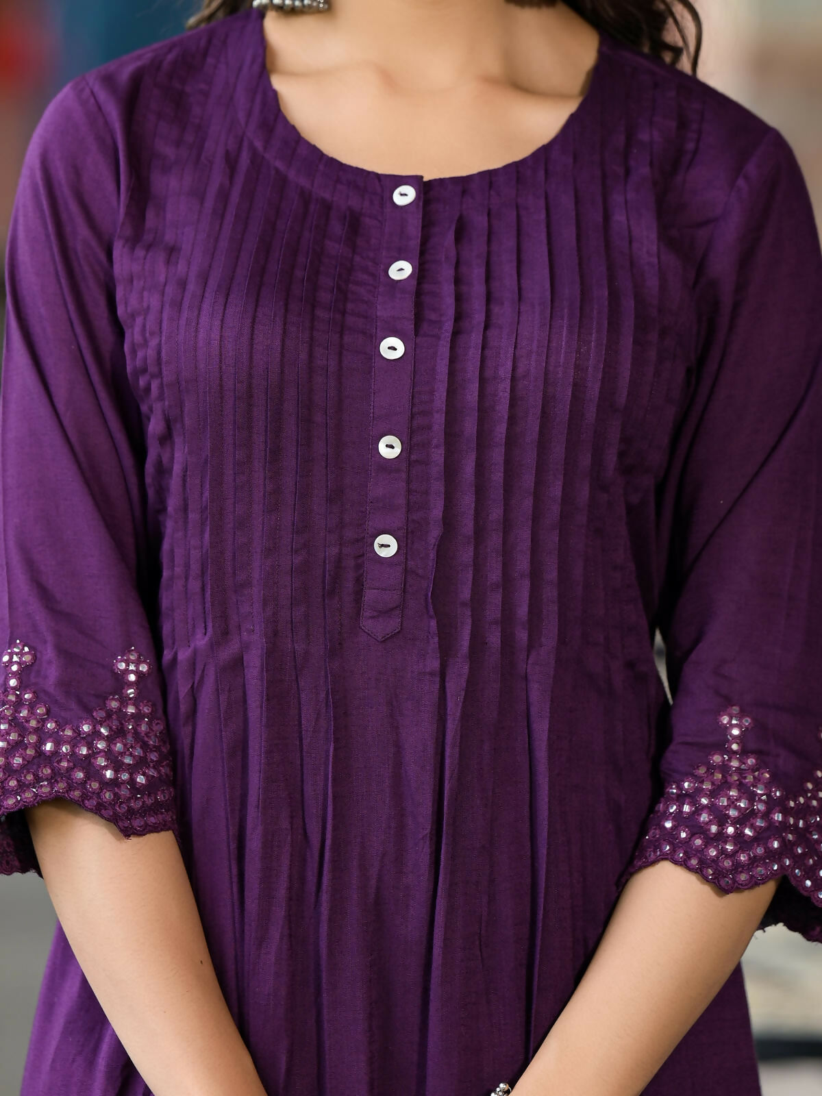 Juniper Women's Plum Thread Embroidered Liva Rayon Kurta Set With Buttons & Mirror Work
