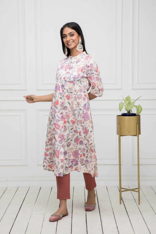 Myshka Women Cotton A-Line Round Neck Multi Floral Kurtas - Grab2buy