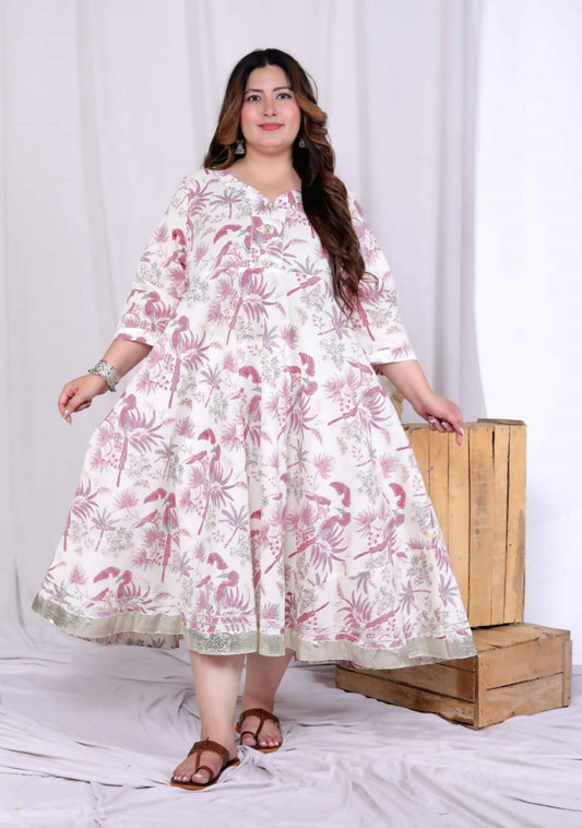 Miravan Women's Plus Size Pink Cotton Gota and Lace Border Birds and Leaf Floral Printed Anarkali Kurta 