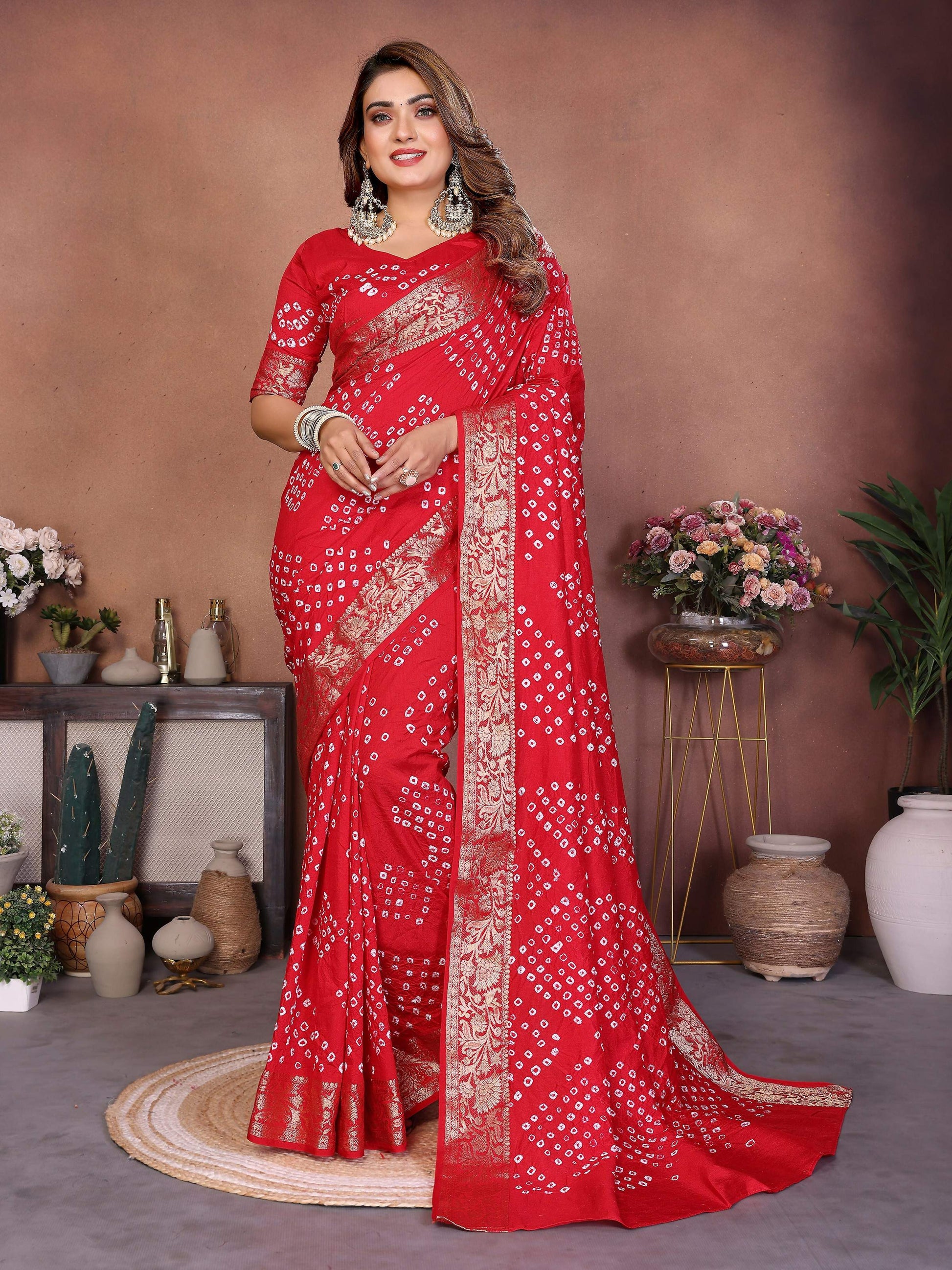 Aastha Fashion Red Pure Dola Silk Handmade Original Bandhej Saree