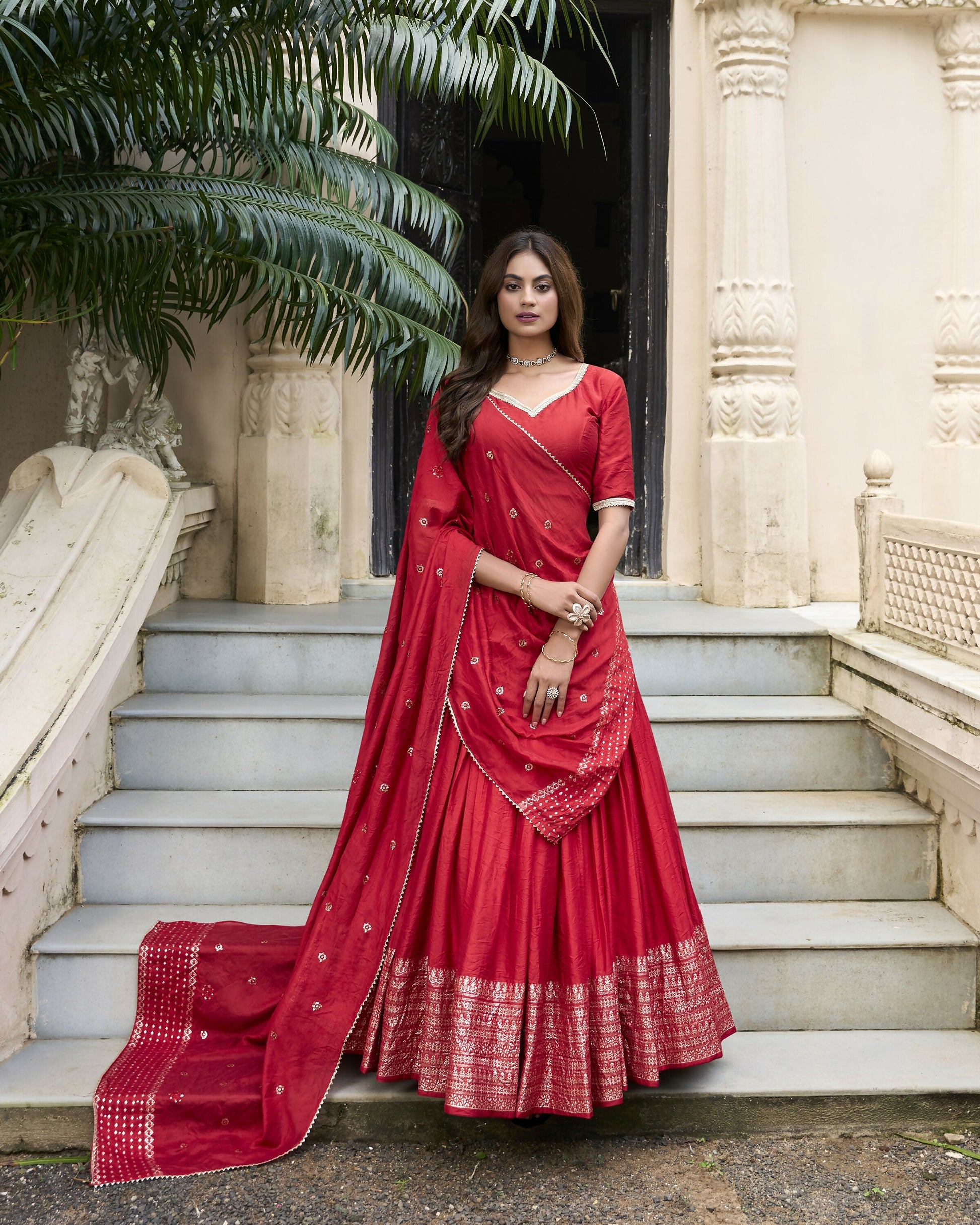 Lorenvalley Red Pure Chanderi Plain With Zari Weaving Work Border Lehenga Choli 