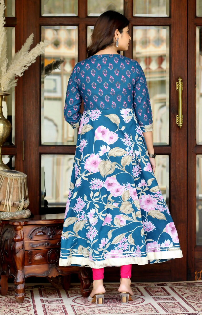 Miravan Women's Jaipuri Flower Printed Blue Anarkali Kurta With Beautiful Border Details