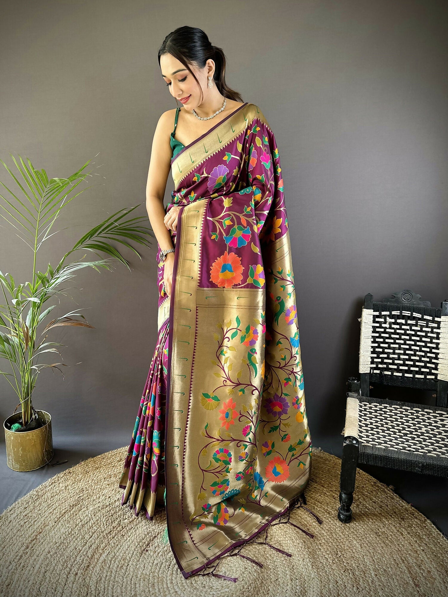 Joban Fashion Wine Zari Woven Floral Motifs Soft Silk Paithani Silk Saree