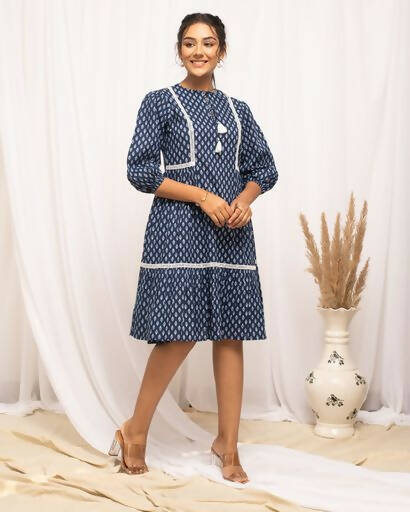FIORRA Women's Blue Cotton Floral Printed Western Dress 