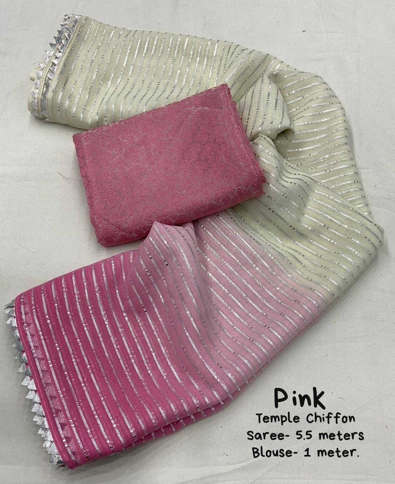 Pink Poly Chiffon Striped Saree with Unstitched Blouse - A2M