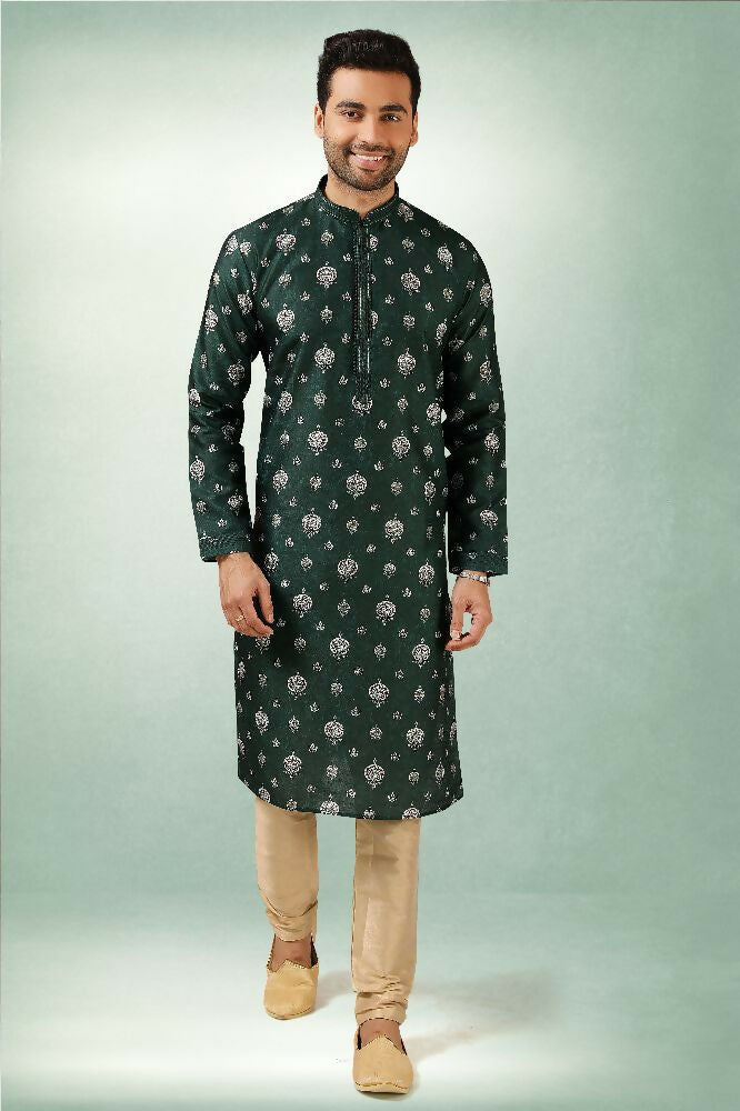Raivat Ethnic Art Silk Printed Work Kurta Pajama In Green Colour