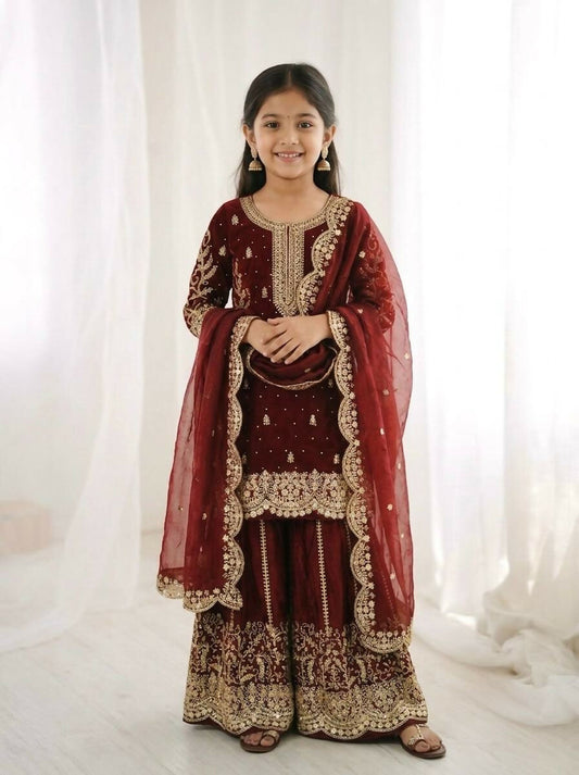 Teeya Creation New Trendy Fully Stitched Ready to Wear Kids Kurta Palazzo Set-Maroon