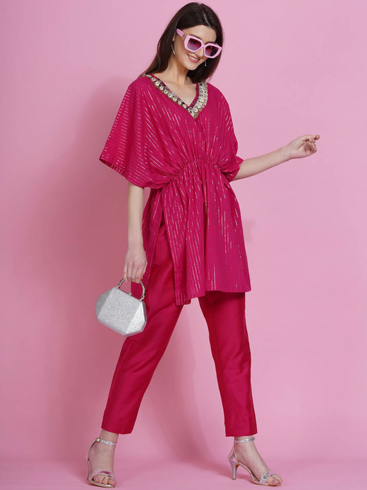 Women Republic Pink Lurex Cotton Kaftan Style Kurta With Pants - Grab2buy