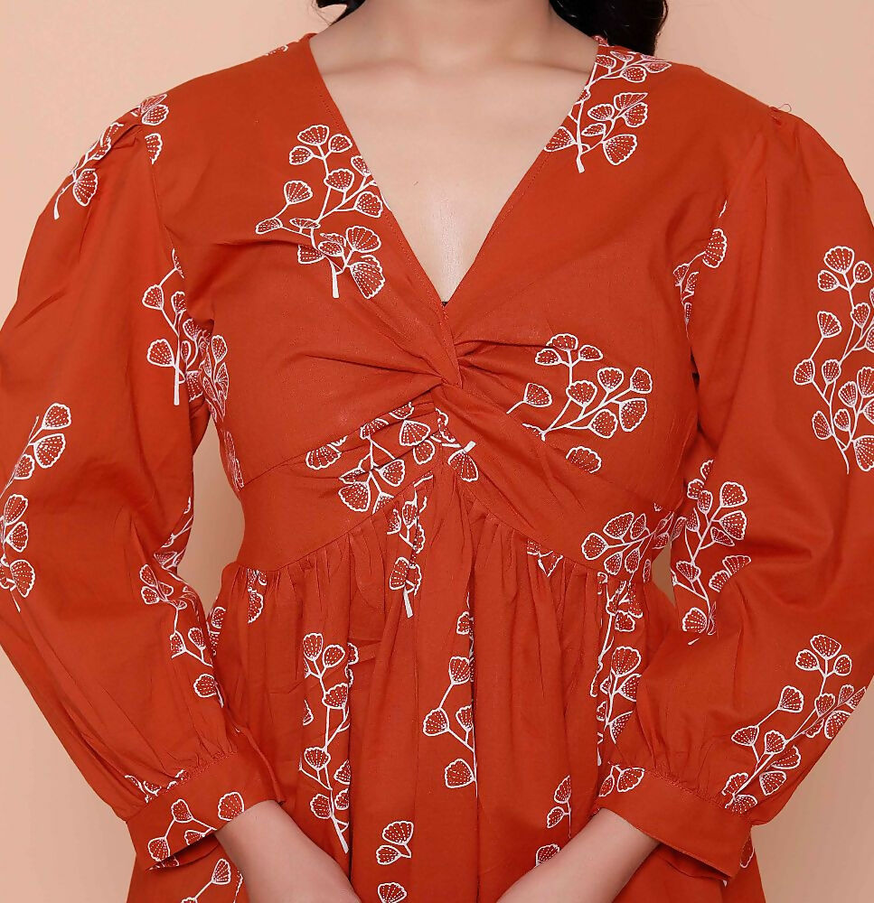 Miravan Womens Rust Floral Printed Balloon Sleeves V Neck Butterfly Top