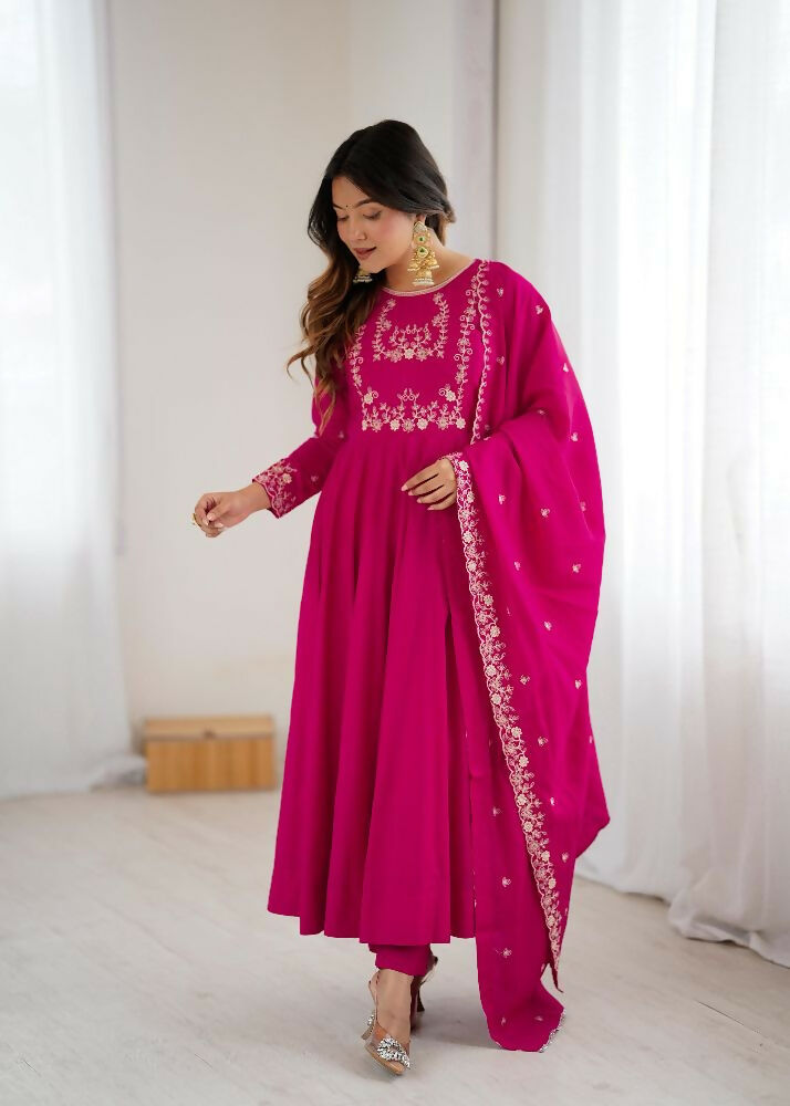 Joban Fashion Dark Pink Kurta Set Chanderi Sequence Embroidery Work 