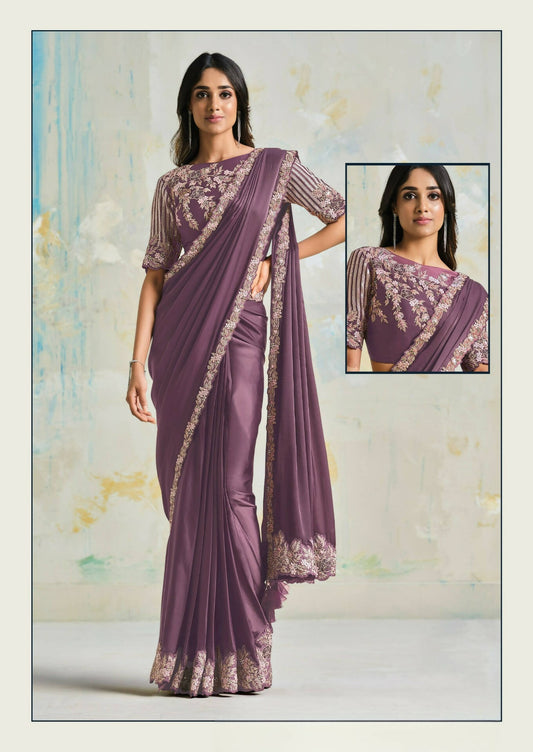 Satin Silk Crepe Saree With Stitched Blouse - Mohmanthan Royal