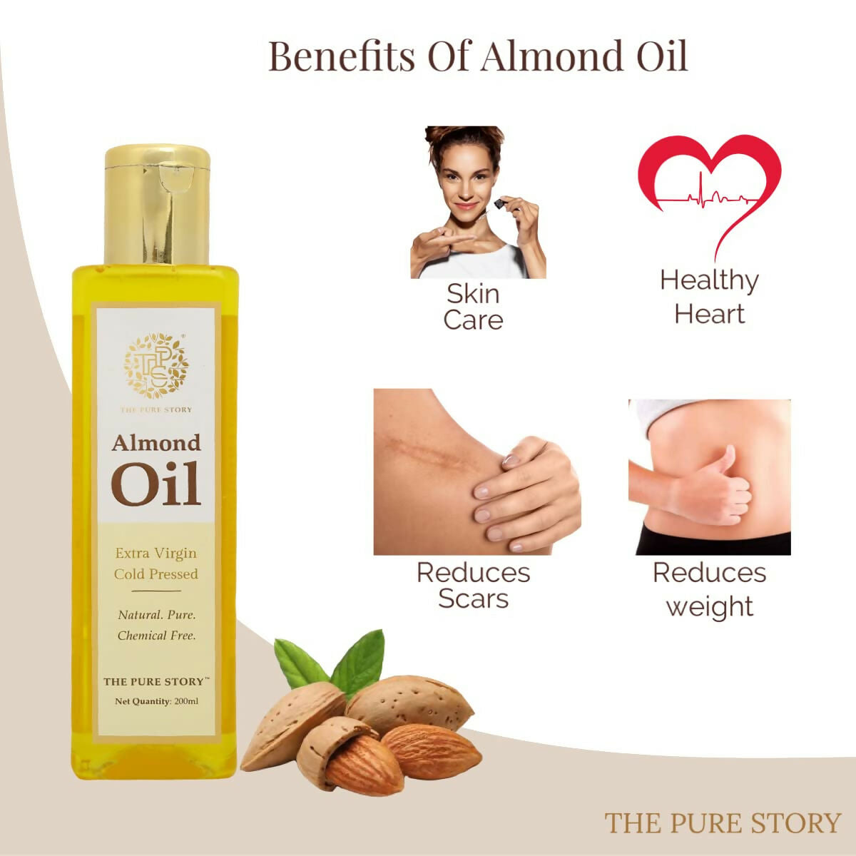 The Pure Story Sweet Almond Oil Pure Cold Pressed For Hair, Skin, Face Care & Massage  Grab2Buy The Pure Story Grab2Buy