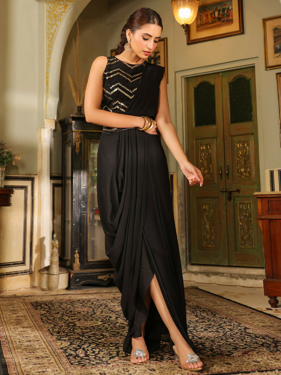 Janasya Black Georgette Sequined Grab2Buy and Blouse 