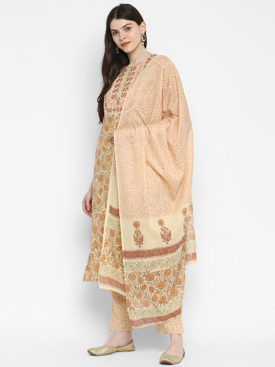 NOZ2TOZ Women Cream Cotton Kurta with Pant & Dupatta (3pcs Set) 