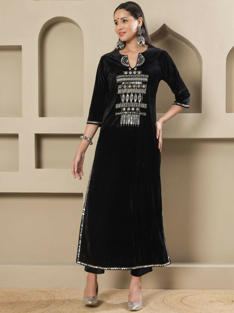 Joban Fashion Women Black Velvet Hand Embellishment Stitched Kurta Set