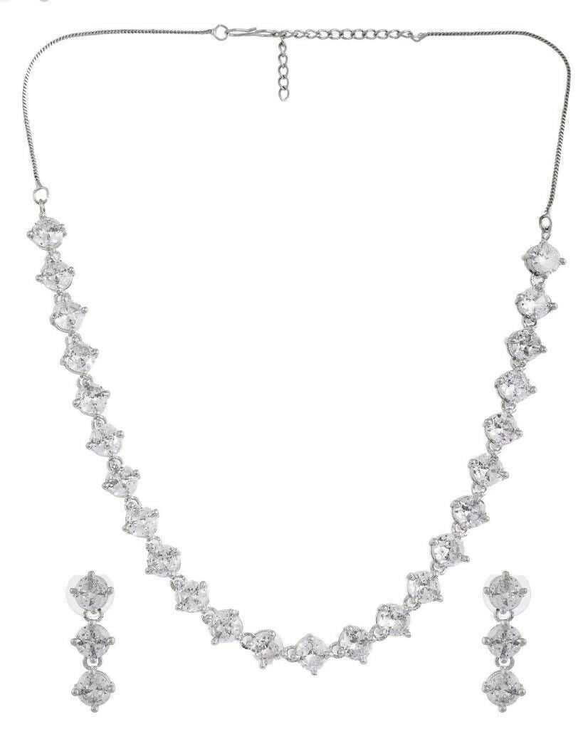 VOJ Silver Plated AD Studded Choker Jewellery Set 
