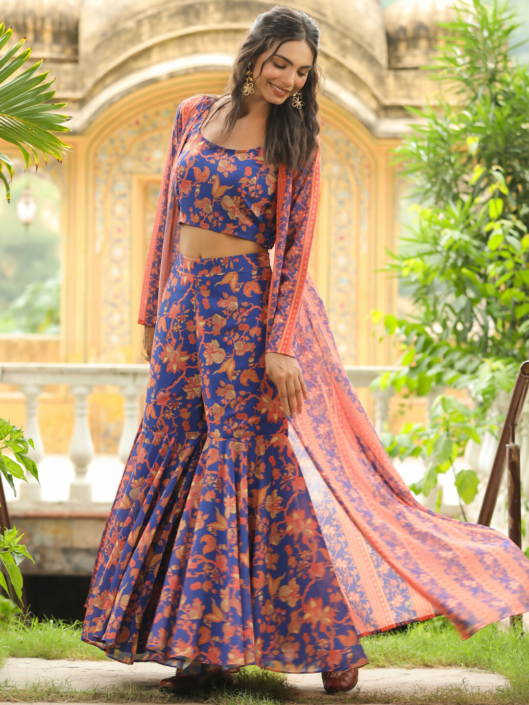 Janasya Navy Blue Georgette Floral Top,Bottom & Jacket 