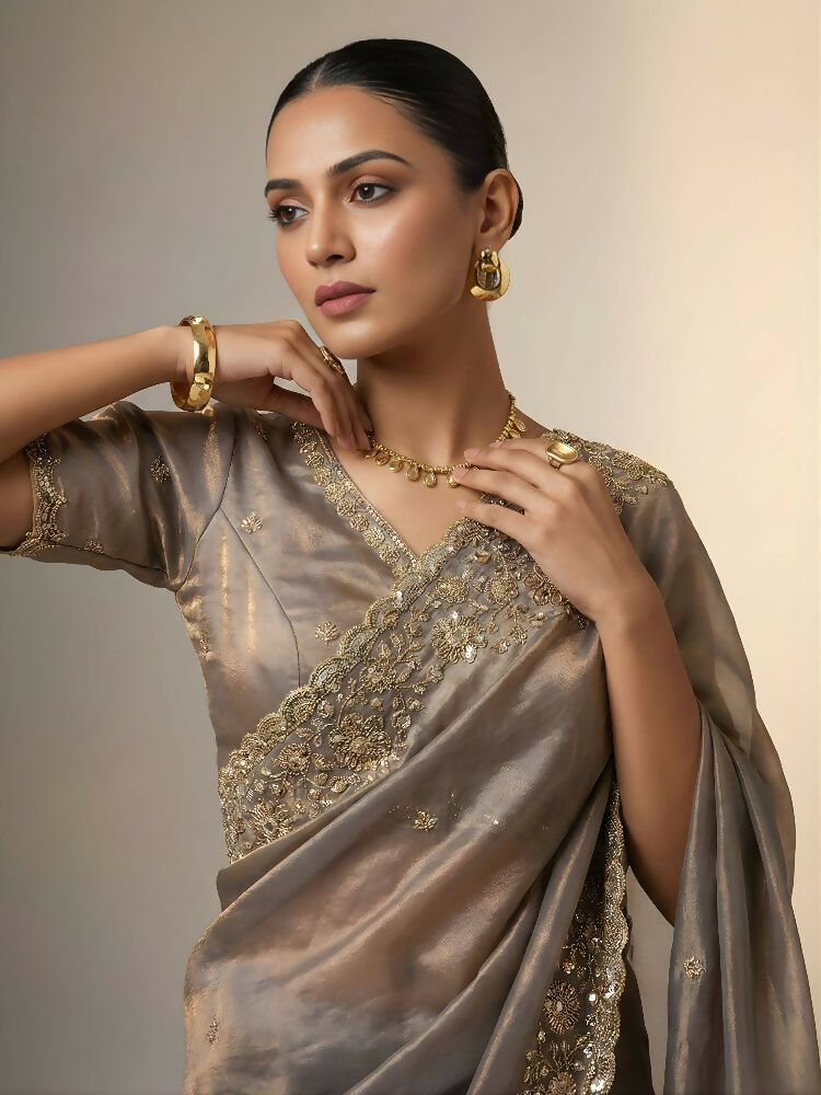 Joban Fashion Beige Fandy Satin Silk Party Wear Sarees