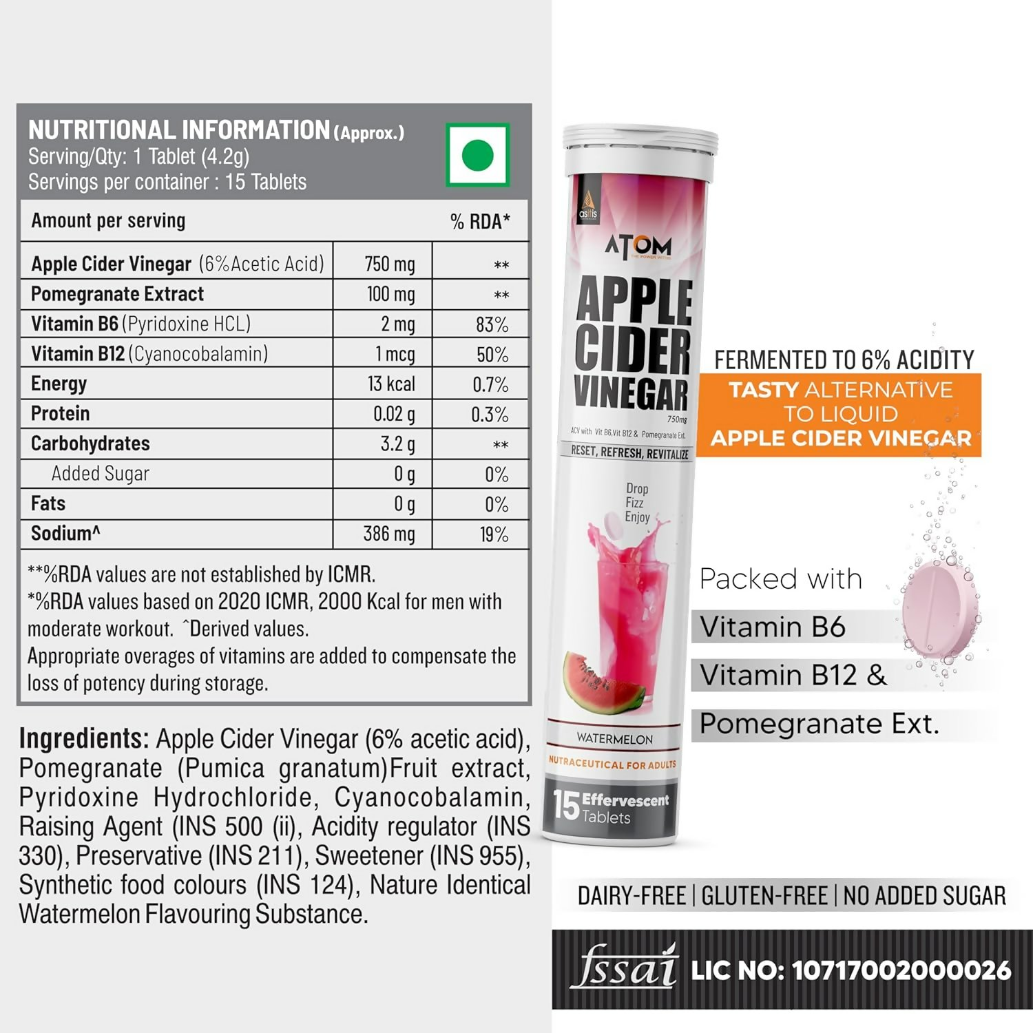 As-It-Is Atom Apple Cider Vinegar Effervescent Tablets Water Melon Flavor For Weight Loss 