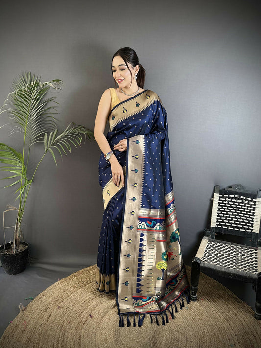 Joban Fashion Dark Blue Peacock & Floral Motifs Soft Lichi Silk Kanchipuram Saree